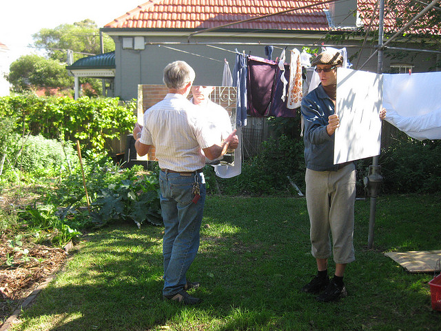 Lucas Ihlein practicing (Wo)man with Mirror with his dad, Owen, 2009